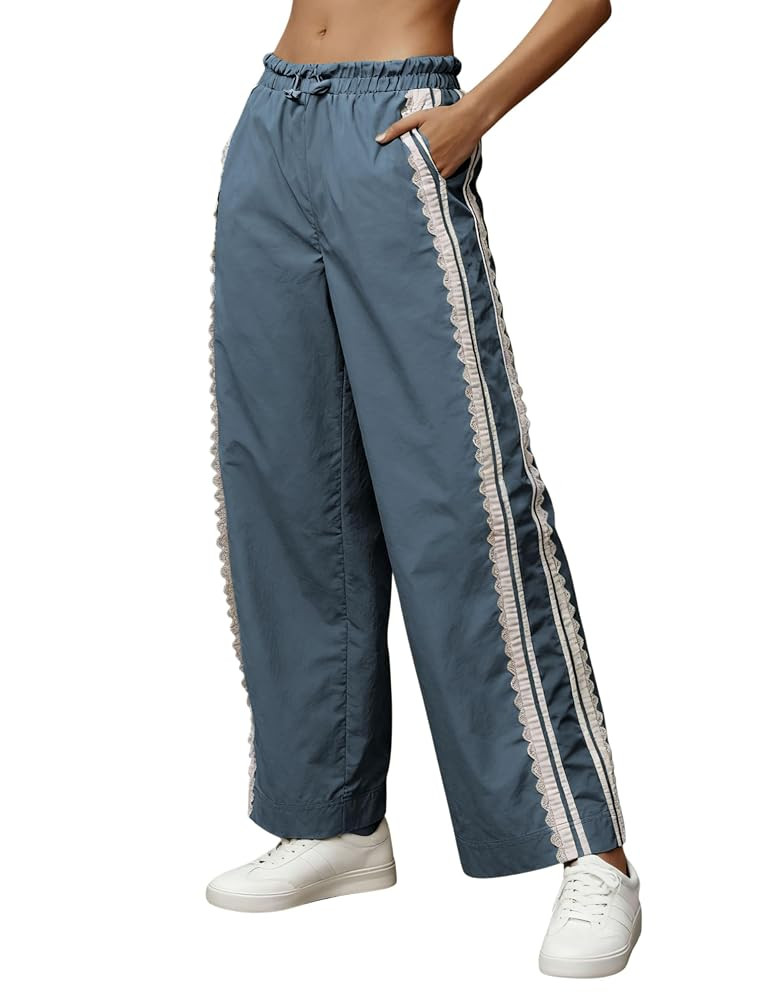 Women Baggy Track Pants Lace Side Stripe Drawstring Elastic Waist Wide Leg Parachute Pants with P... | Amazon (US)