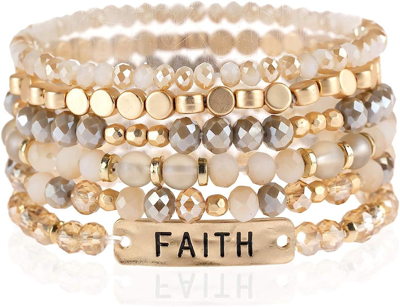 Inspirational Multi Layer Beaded Stackable Statement Bracelets - Religion Message Crystal, Natura... | Amazon (US)
