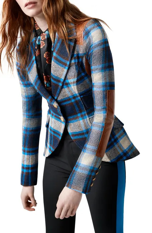 Smythe Rifle Patch Equestrian Wool Blazer in Cobalt Plaid at Nordstrom, Size 6 | Nordstrom