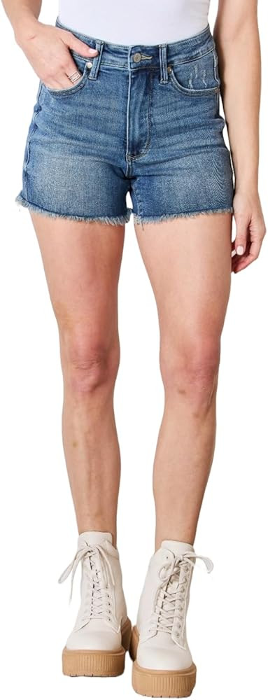 Judy Blue Women's Tummy Control Fray Hem Shorts | Amazon (US)