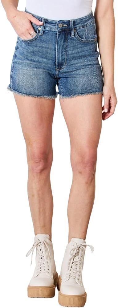 Judy Blue Women's Tummy Control Fray Hem Shorts | Amazon (US)