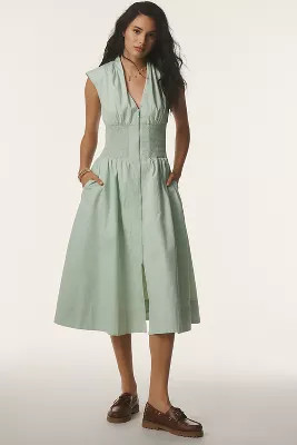 The Tommie Cap-Sleeve Smocked Front-Zip Shirt Dress | Anthropologie (US)