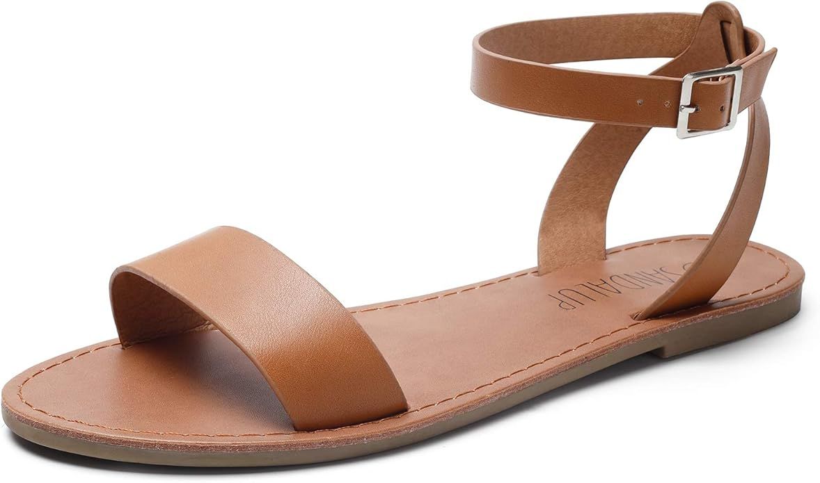 SANDALUP Women’s Soft Faux Leather Open Toe and Ankle Strap Buckle Flat Sandals | Amazon (US)