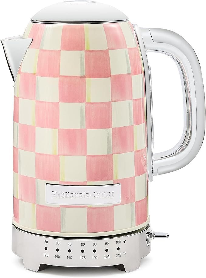 MACKENZIE-CHILDS Electric Kettle, Stainless-Steel Tea Kettle, Pink-and-White Rosy Check | Amazon (US)