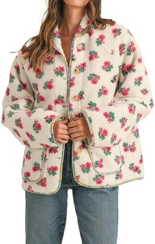 Dqbeng Womens Floral Sherpa Fleece Jacket Long Sleeve Button Up Oversized Casual Teddy Coats Oute... | Amazon (US)