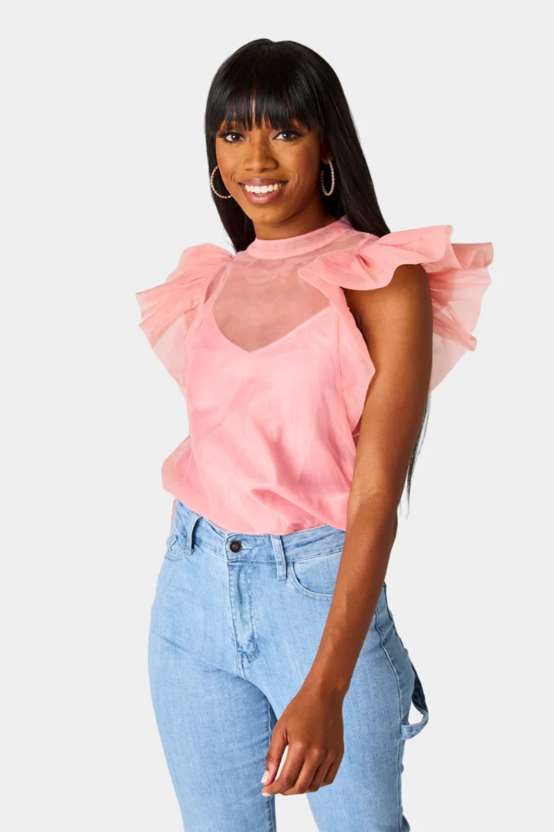BuddyLove | Kaycee Organza Ruffle Sleeve Top | Salmon | BuddyLove
