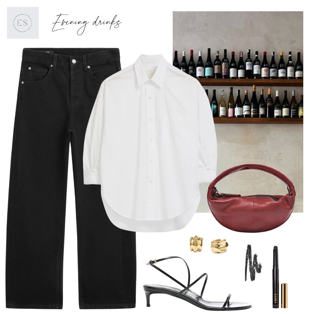 Smart casual jeans outfit. 

White cotton shirt, black barrel leg jeans, gold ribbed wave hoop earrings, black minimal strappy kitten heels, red leather oval mini bag, black Vieve smoky eye wand ‘Raven’ 

#LTKspring #LTKdatenight #LTKuk