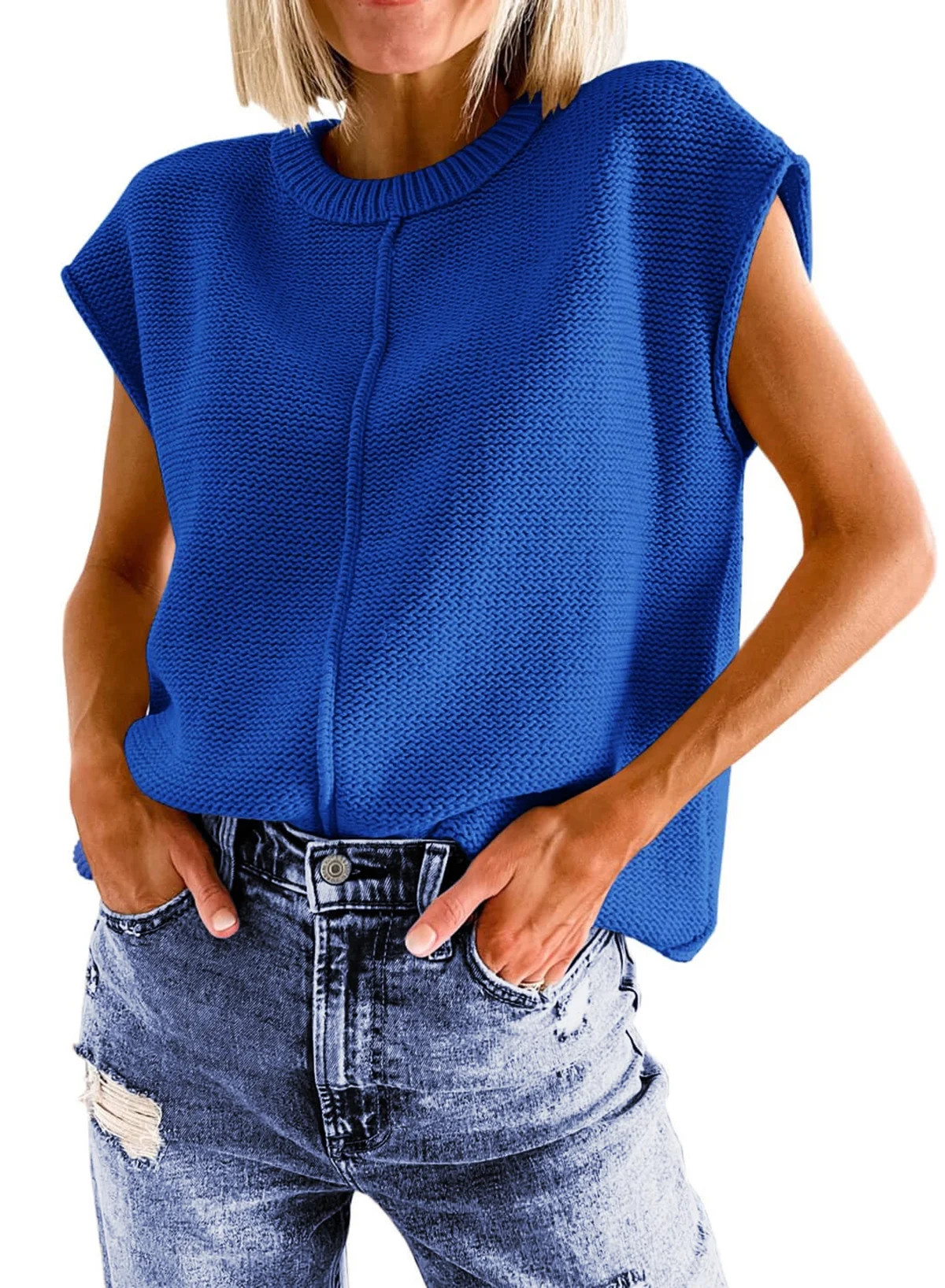 Fantaslook Cap Sleeve Sweaters for Women Casual Crew Neck Loose Knit Lightweight Sweater Vest Pul... | Walmart (US)