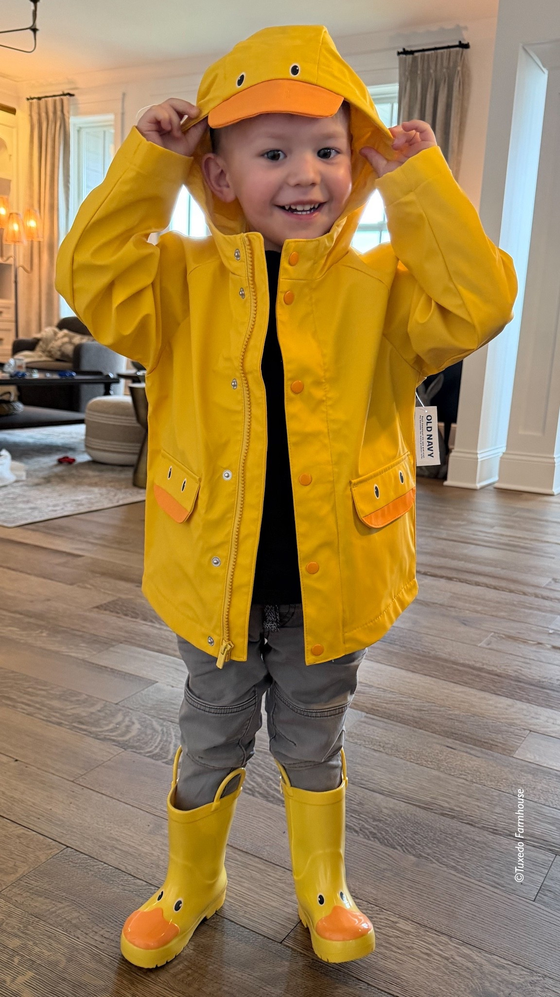 He’s the cutest little duck! Love this matching toddler rain gear. There’s a green and little girl option as well. On sale!