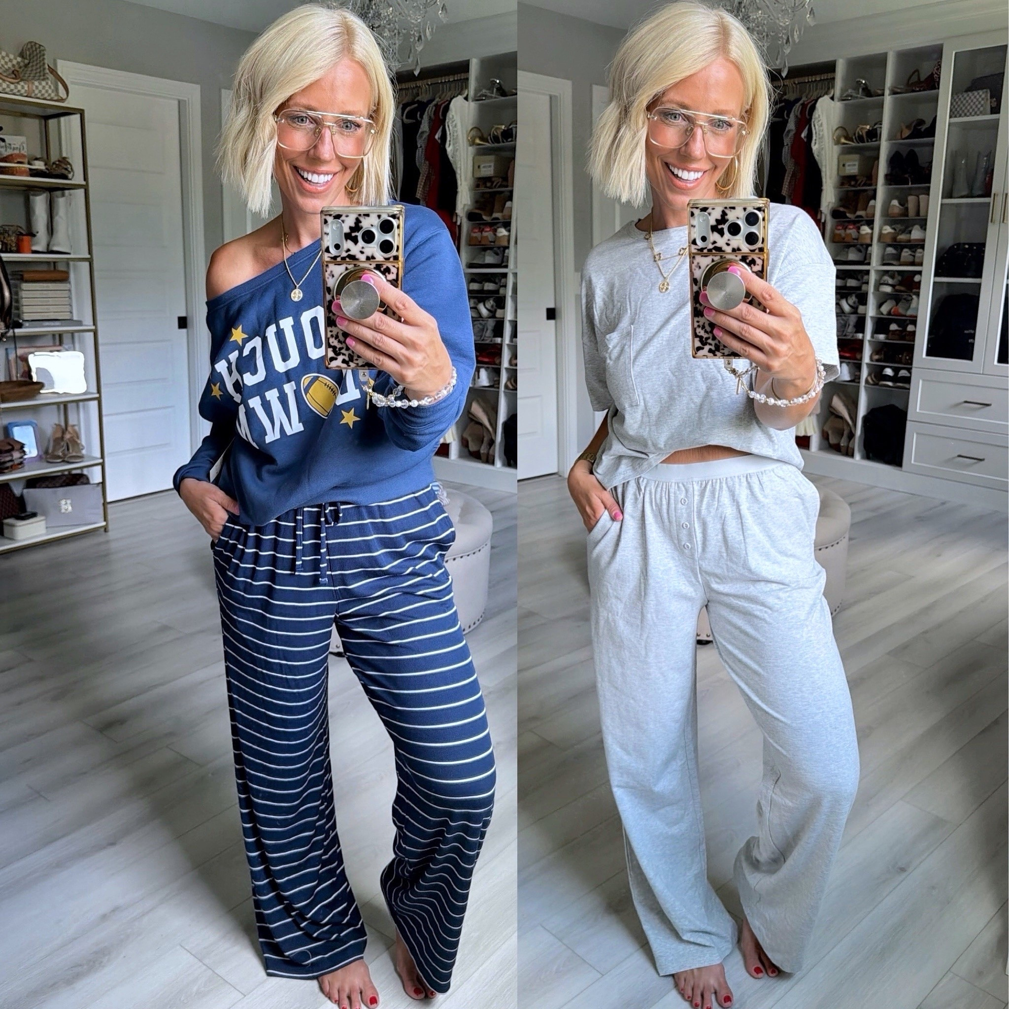 Blue sweatshirt medium
Striped lounge pants small
Grey set small

#LTKootd #LTKmomlife #LTKmorningroutine
