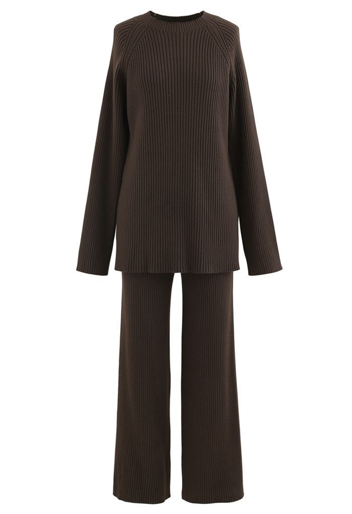 Rib Knit Split Hem Sweater and Pants Set in Brown | Chicwish