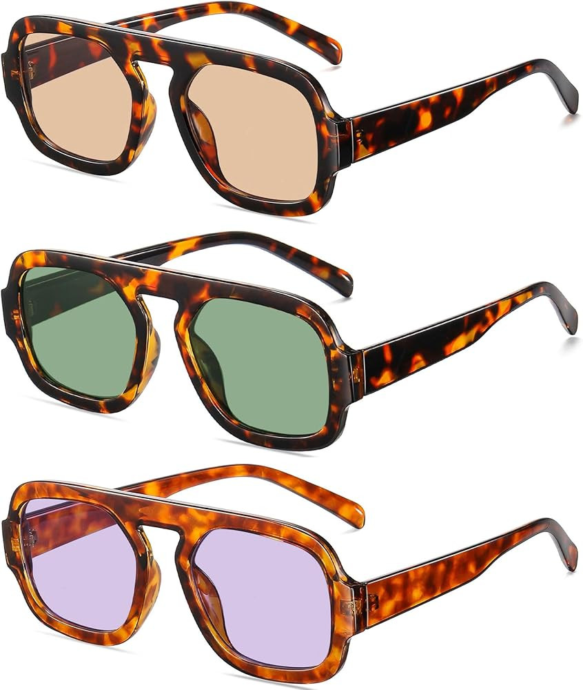 Retro Square Aviator Sunglasses for Women Men 70s Vintage style Shades Trendy Flat Top UV Protect... | Amazon (US)