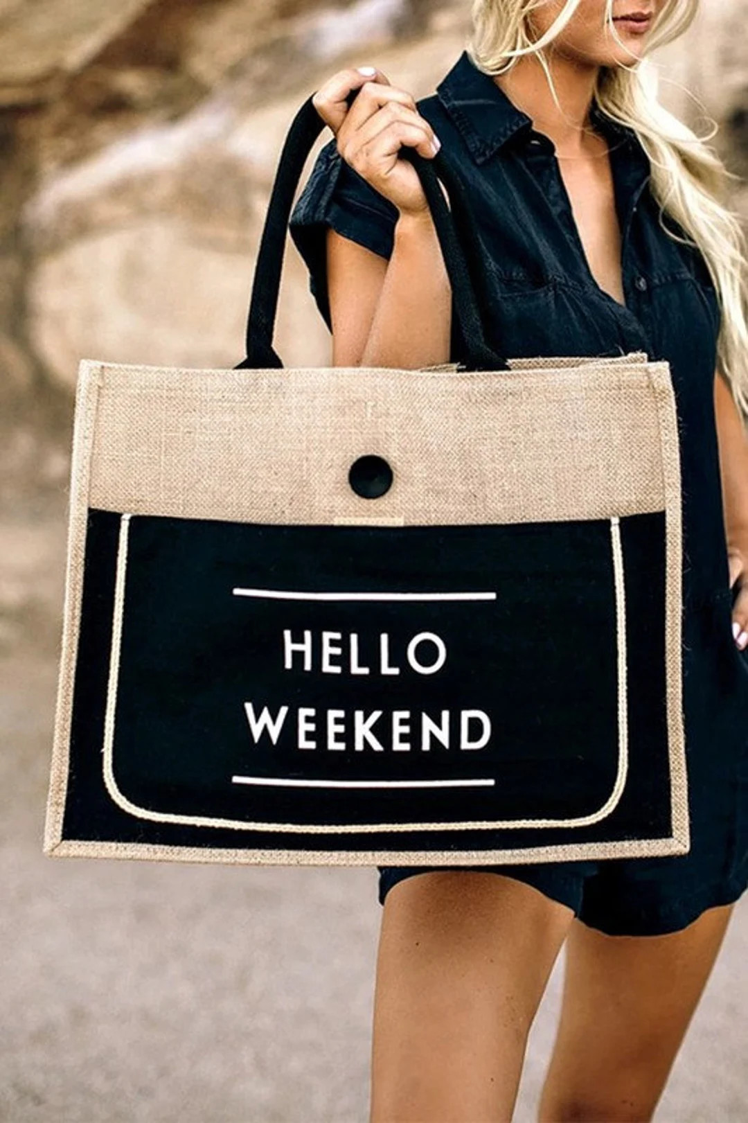 HELLO WEEKEND White Linen Tote Bag // Weekend Beach bag Jute Bag Straw Bag Tote | Etsy (US)