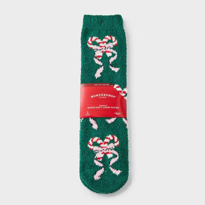 Women's Candy Cane Bows Christmas Cozy Crew Socks with Gift Card Holder - Wondershop™ Green/White/Red 4-10 | Target