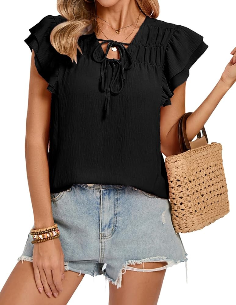 Kate Kasin Women's Dressy Casual Tops Ruffle Sleeve Blouse V Neck Shirts Pleated Drawstring Front... | Amazon (US)