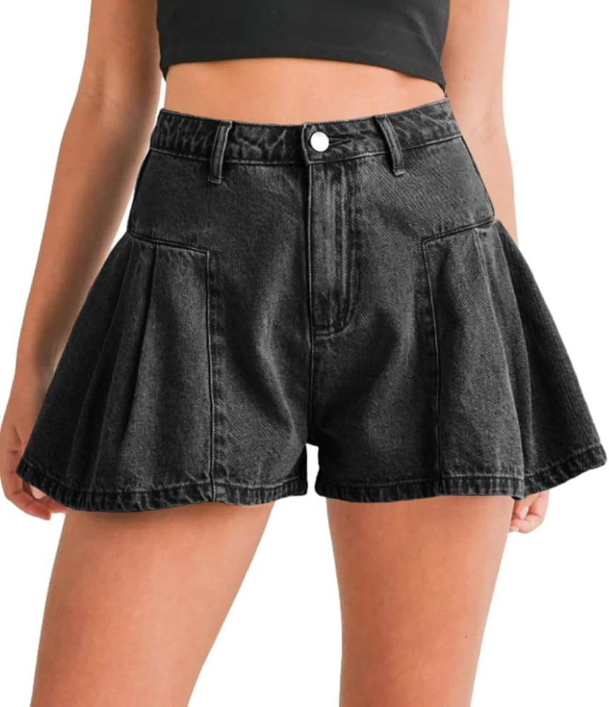 PLNOTME Womens Pleated Jean Shorts High Waisted Flare Wide Leg Summer Denim Shorts | Amazon (US)