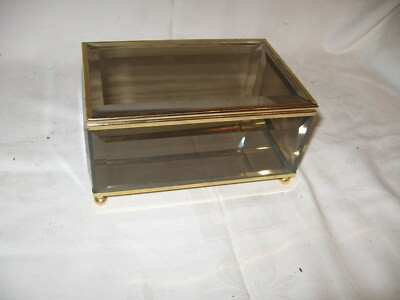 vintage Taiwan beveled smokey colored glass jewelry trinket box gold tone trim | eBay US