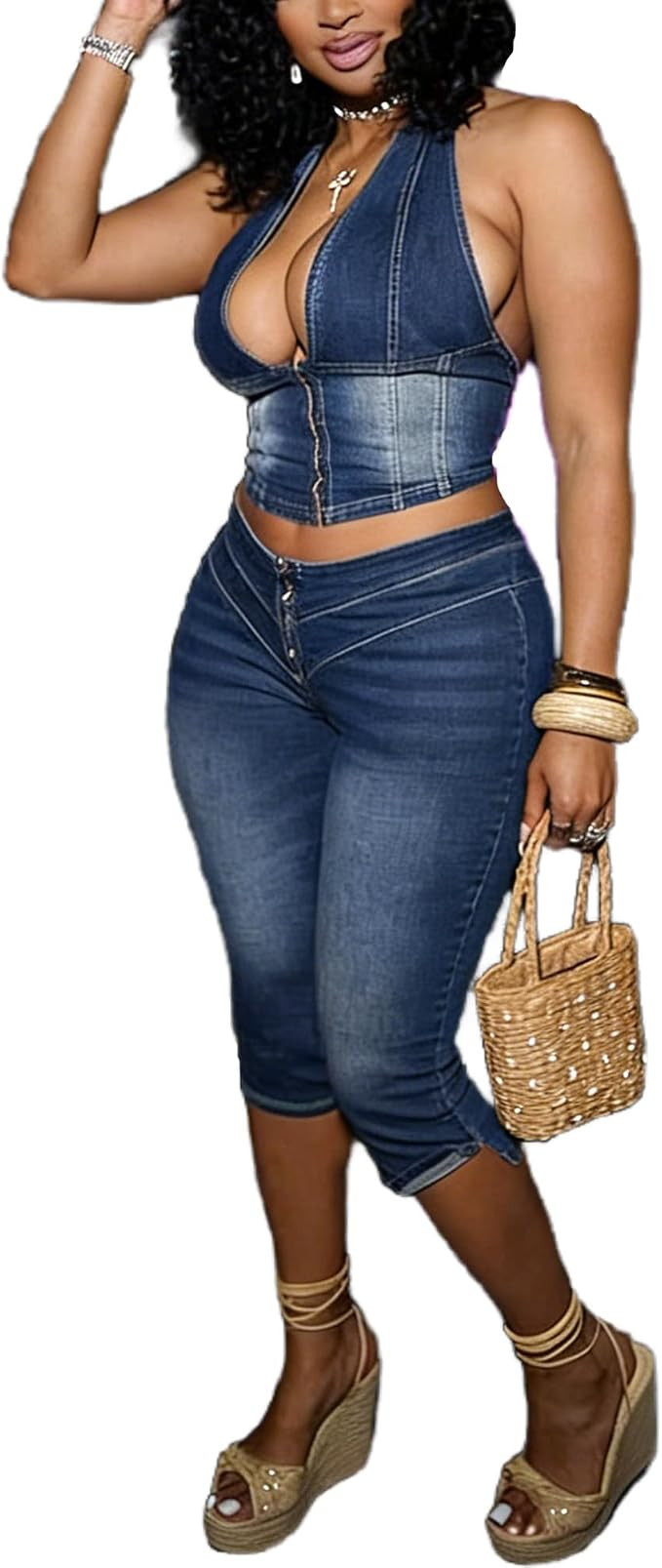 Capri Sets Women 2 Piece Outfits Denim Halter Top and Pants Sexy Y2K Clothes Streetwear | Amazon (US)