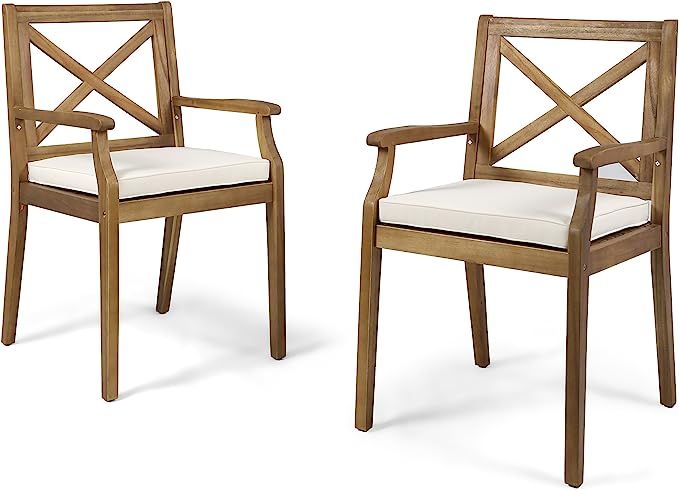 Christopher Knight Home Peter | Outdoor Acacia Wood Dining Chair Set of 2, Teak/Cream Cushion | Amazon (US)