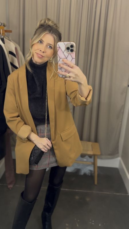 Blazer with mini skirt outfit, plaid skirt, knee high boots, long blazer look, girls night out outfit, date night outfit 

#LTKSeasonal #LTKfindsunder50 #LTKstyletip
