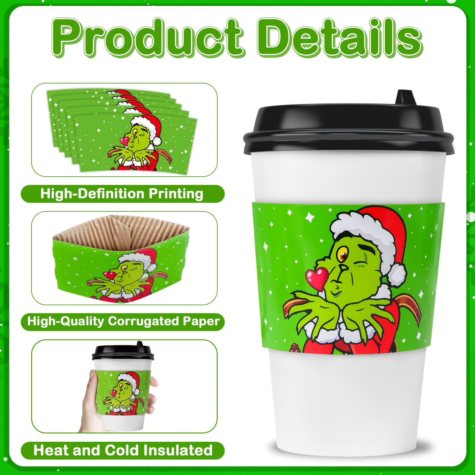 48 Pcs Christmas Coffee Tea Cup Sleeves Green Cartoon Character Christmas Cup Sleeves for 12 & 16... | Amazon (US)