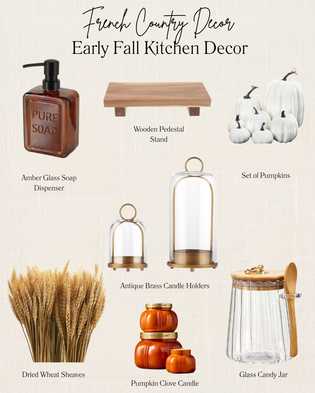 If you like a softer, French country approach to fall, these pieces add just enough seasonal warmth without taking over your kitchen. Think amber glass, warm wood, brass accents, dried wheat, and white pumpkins—the kind of decor that feels timeless from late August all the way through Thanksgiving.

#LTKHome #FrenchCountryDecor #EarlyFallDecor #FallKitchenDecor #CozyHome #NeutralFallDecor #KitchenStyling #FrenchFarmhouse #EuropeanHomeStyle #AutumnHomeDecor #FallHomeInspo #HomeDecorFinds 

 