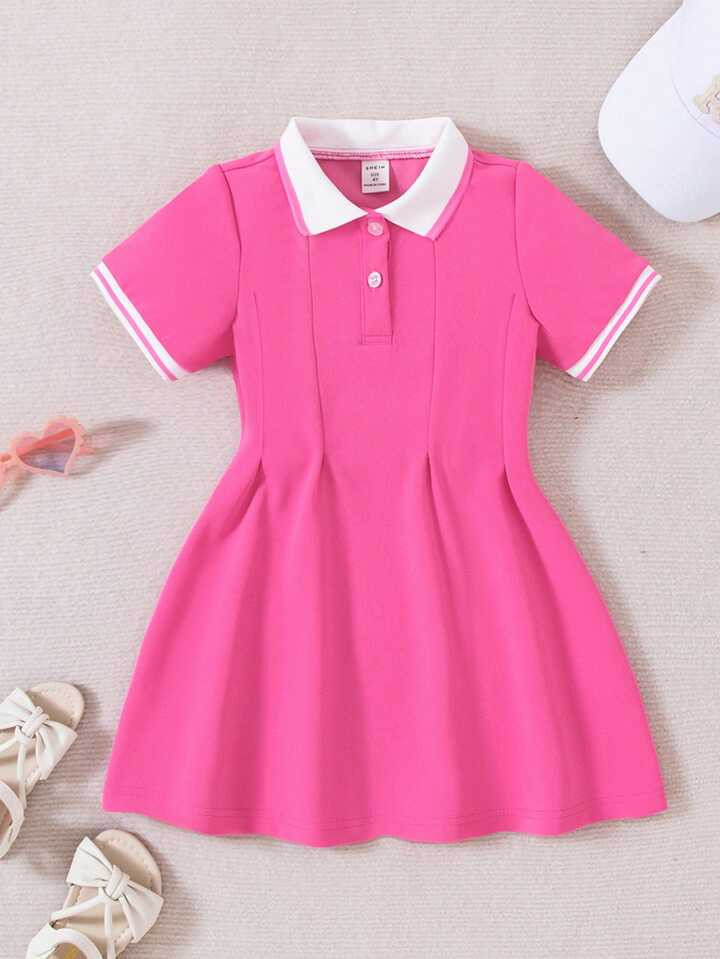 SHEIN Young Girl Contrast Collar Button Front Dress | SHEIN USA | SHEIN