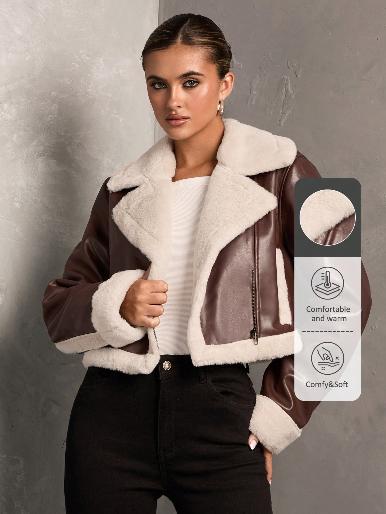 SHEIN BAE Women's Faux Fur Patchwork Long Sleeve Pocket Minimalist Jacket, Casual Everyday Wear W... | SHEIN