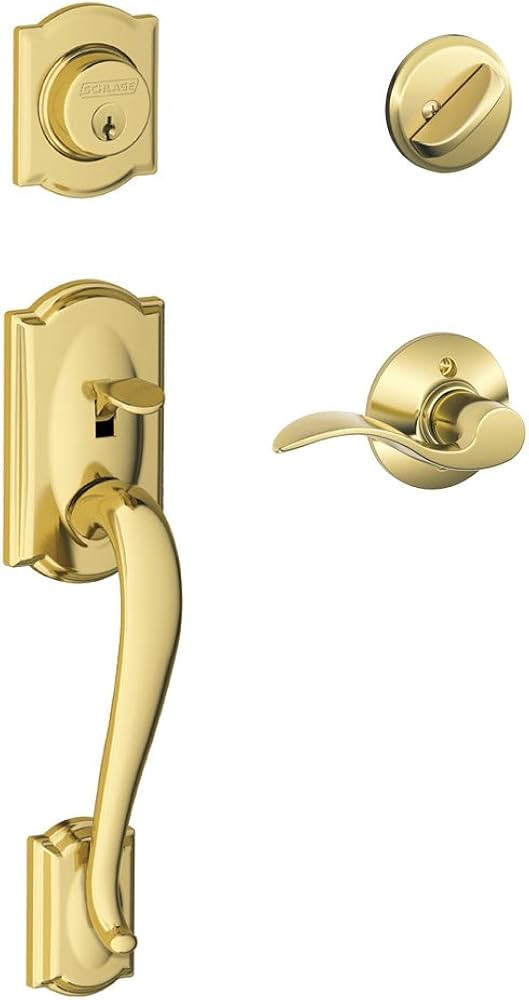 SCHLAGE Camelot Single Cylinder Handleset and Left Hand Accent Lever, Bright Brass (F60 CAM 505 A... | Amazon (US)