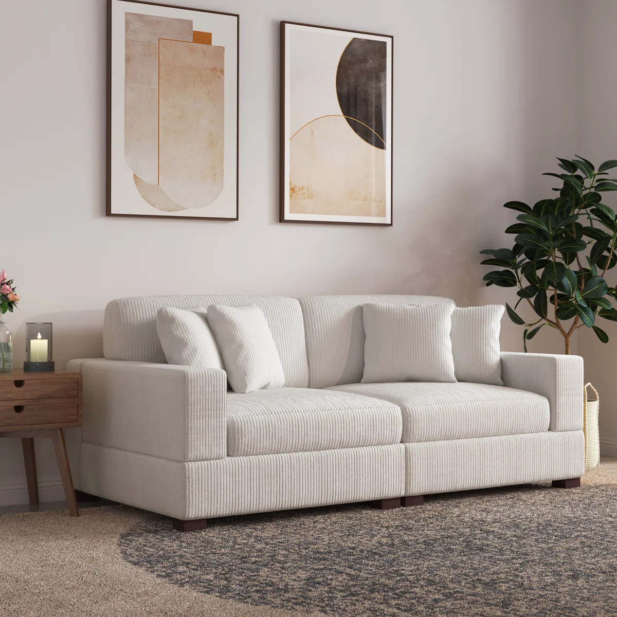 2 - Piece Upholstered Beige Corduroy Modular Sectional Sofa with Pillow Back and Solid Wood Legs | Wayfair North America