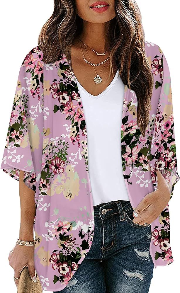 FaroDor Women's Short Sleeve Floral Kimono Cardigan Chiffon Loose Beach Wear Cover Up Tops | Amazon (US)