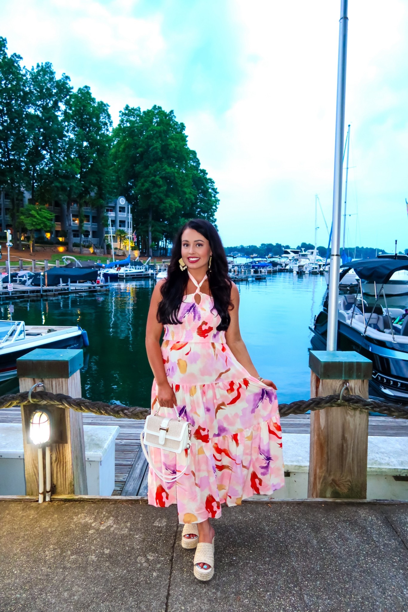 Under $30 Amazon floral high neck maxi dress (medium, 5+ colors), under $40 Amazon rattan platform heels (tts), under $30 Amazon rattan bag and under $10 Amazon rattan shell earrings #founditonamazon 

#LTKBump #LTKFindsUnder50 #LTKWedding