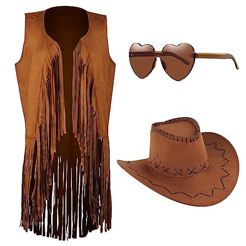 MAKCNMYM Women Tassel Fringe Vests 70s Hippie Faux Suede Sleeveless Fringed Jacket Western Cowgirl Outfits with Cowboy Hat Heart-Shaped Sunglasses Halloween Costume Accessories for Women | Amazon (US)