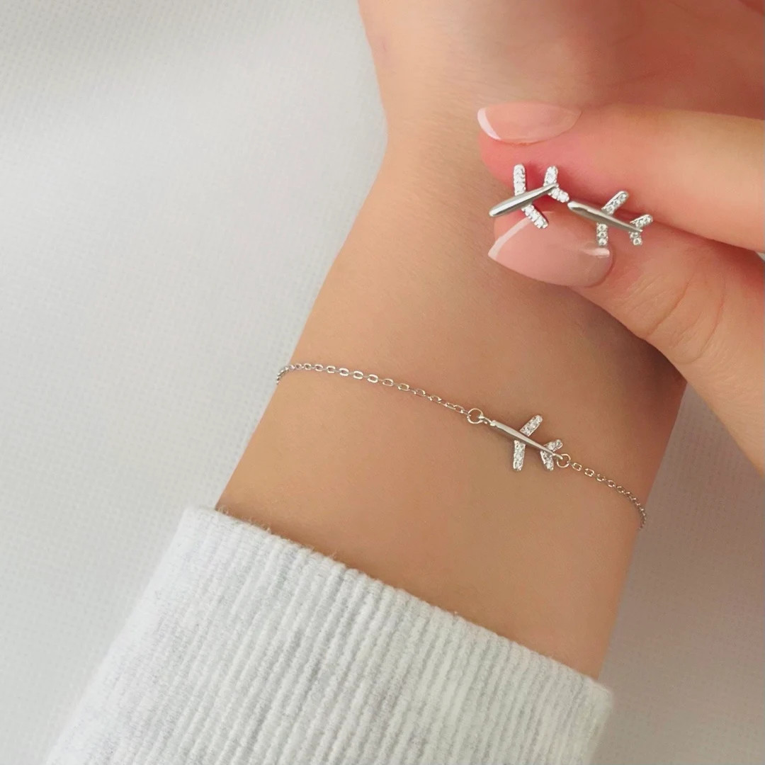 Sterling Silver Airplane Stud Earrings and Bracelet Set,dainty Earrings,airplane Adjustable Neckl... | Etsy (US)