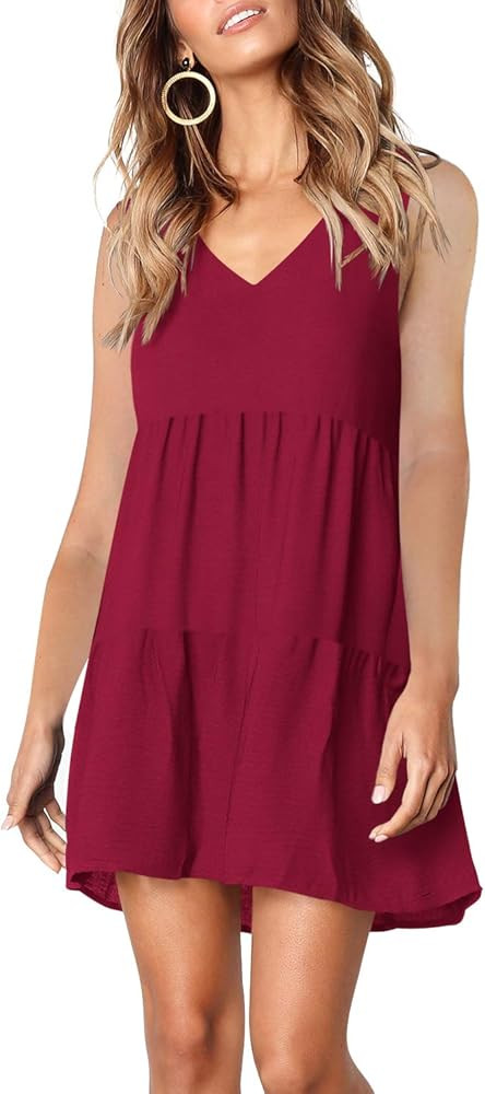 Amoretu Women's V Neck Casual Swing Shift Pleated Dresses | Amazon (US)