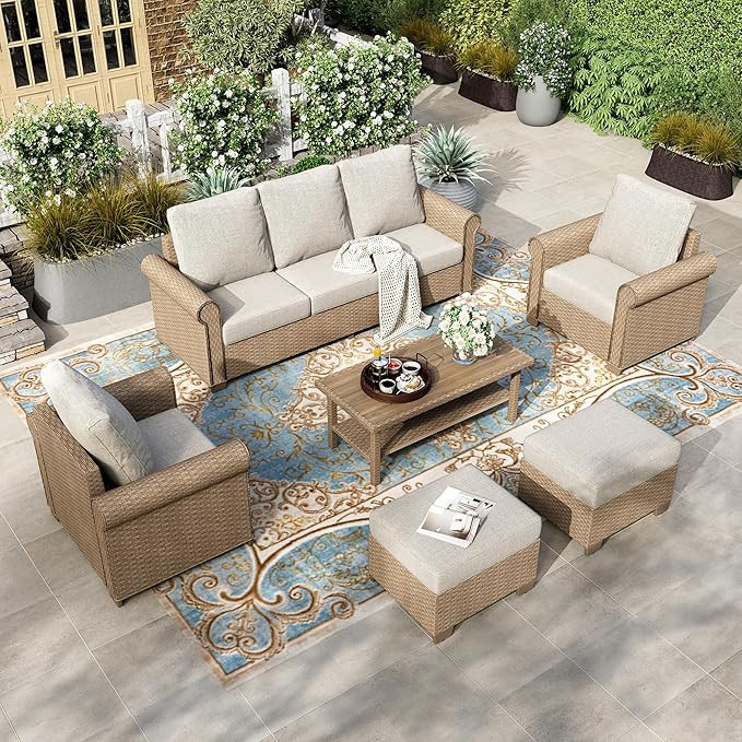 HERA'S HOUSE 6-Piece Patio Furniture Set, All Weather 7 Seats Outdoor Wicker Sofa with Ottomans, ... | Amazon (US)