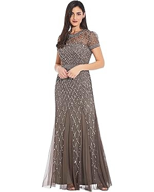 Adrianna Papell Women's Short-sleeve Grid Beaded Gown | Amazon (US)