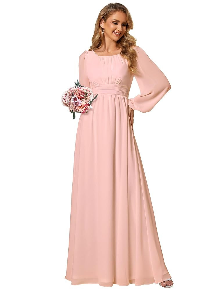 Ever-Pretty Women's Crewneck Long Lantern Sleeves Floor Length A-Line Pleated Chiffon Formal Dres... | Amazon (US)