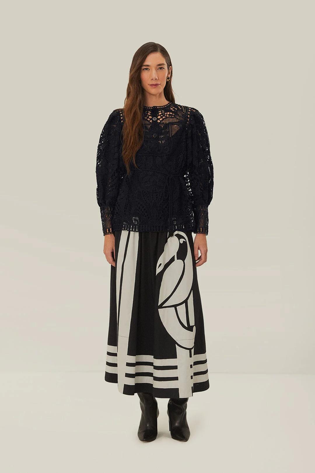 Black Guipire Puff Sleeve Blouse | FarmRio (US)