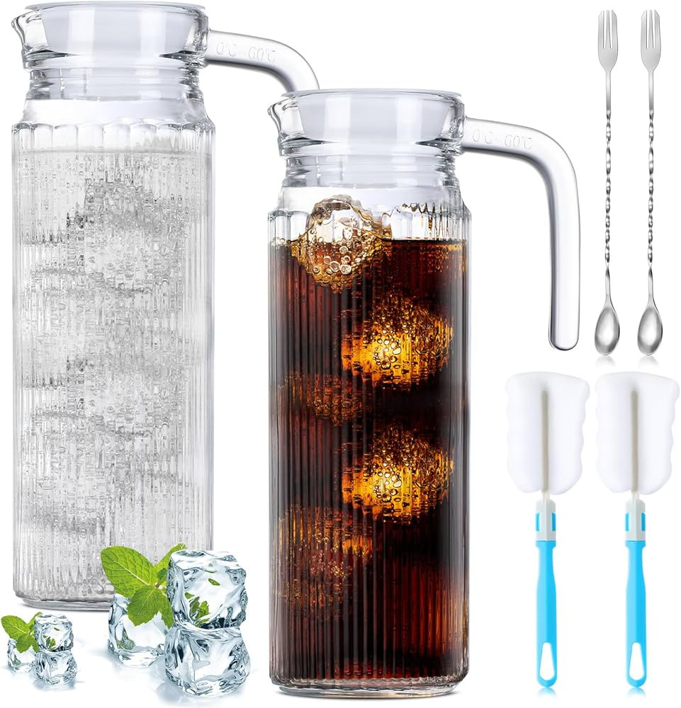 2 Pcs Glass Pitcher with Lid and Spout Glass Water Pitcher with Handle for Hot Cold Water Iced Te... | Amazon (US)