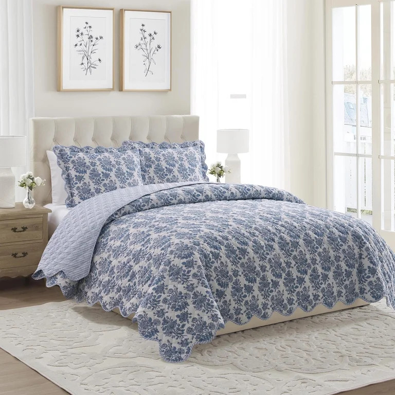 My Texas House Blue Toile 3-Piece Adult Quilt Set, King | Walmart (US)