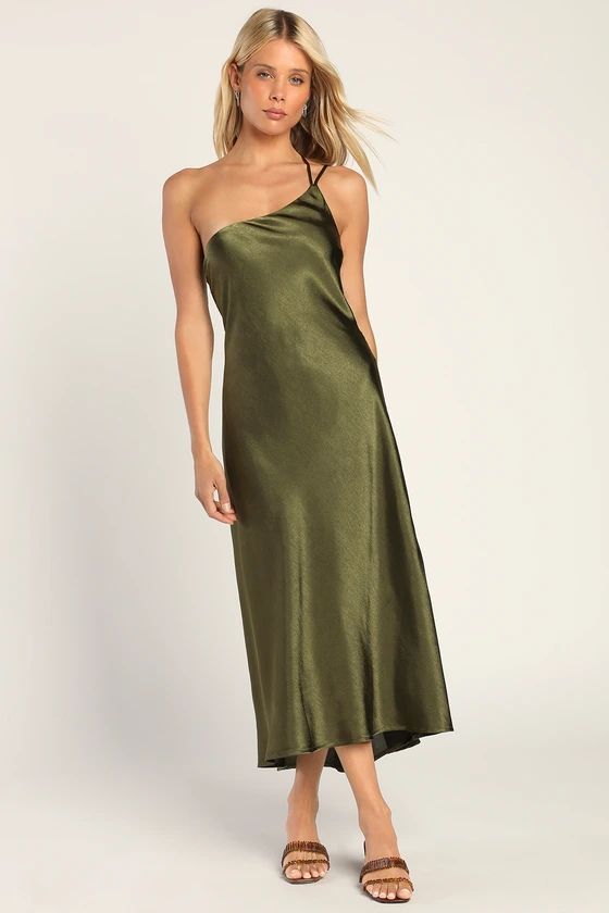 One That Got Away Olive Green Satin One-Shoulder Midi Dress | Lulus