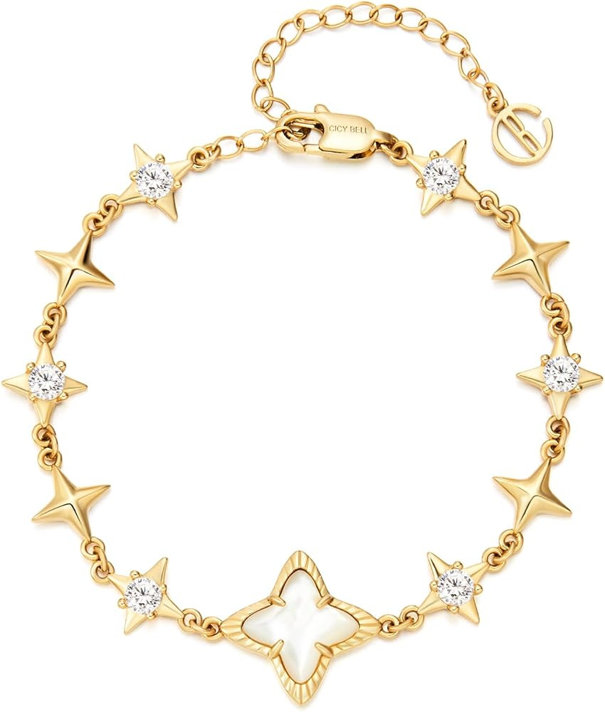 Cicy Bell Womens 18k Gold Plated White Shell Cubic Zirconia Square Cross Adjustable Chain Link Br... | Amazon (US)