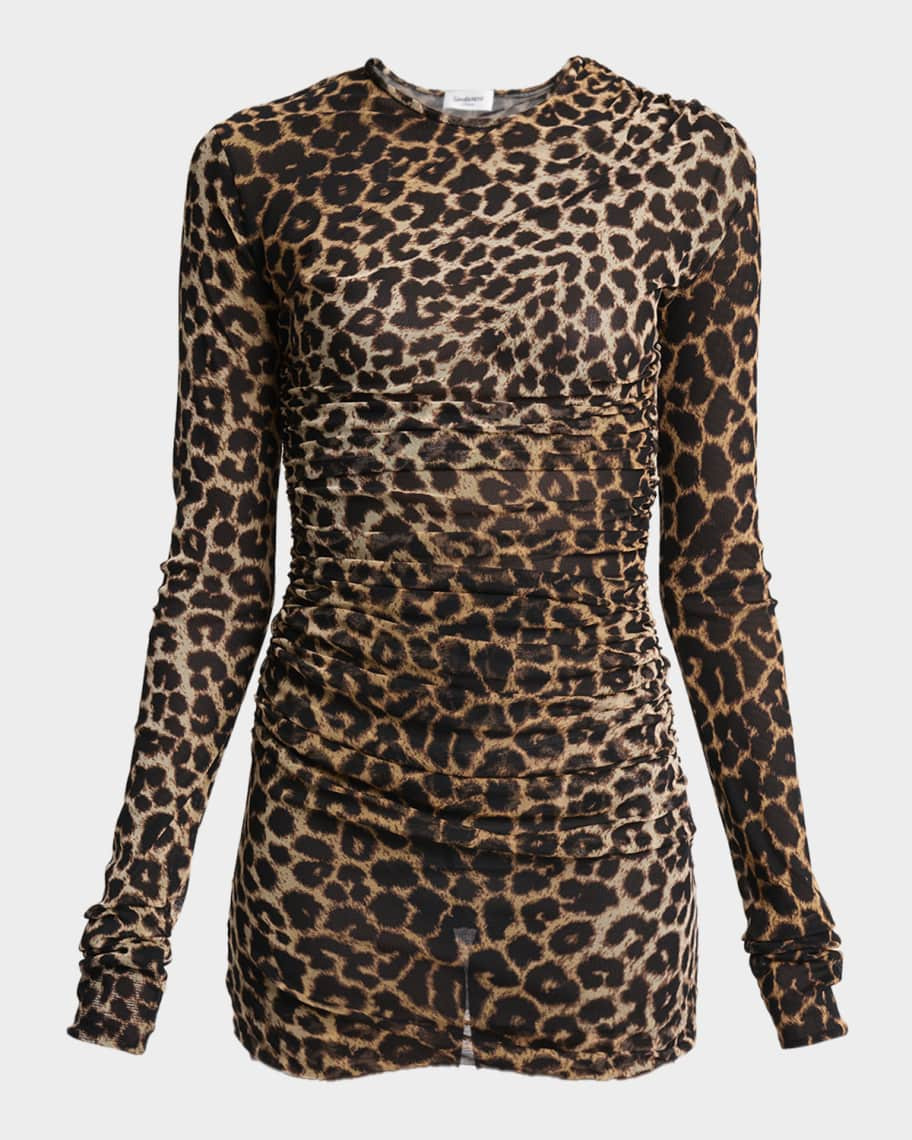 Leopard-Print Ruched Long-Sleeve Mini Dress | Neiman Marcus
