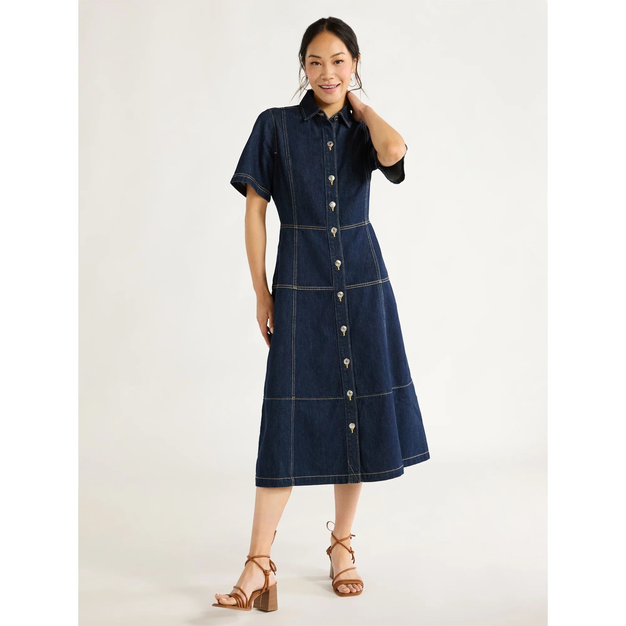 Free Assembly Women's Button Front Cotton Midi Dress with Short Sleeves, XS-XXL | Walmart (US)