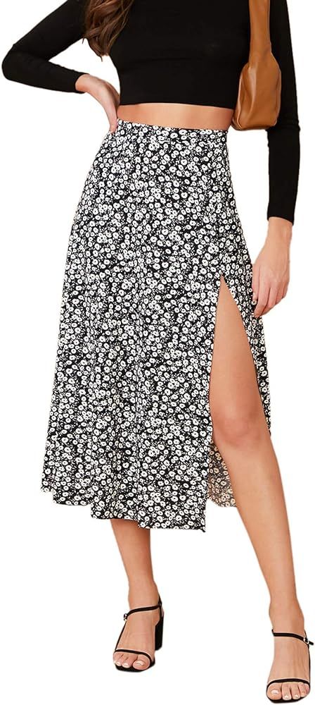 Verdusa Women's Sexy Boho Floral Split Thigh High Waist Swing Midi Skirt | Amazon (US)