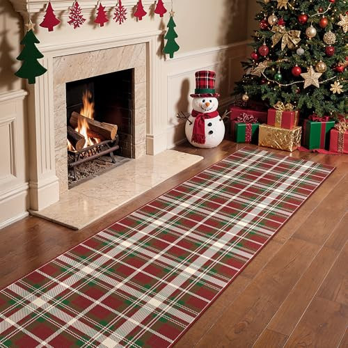 BEIMO Christmas 2x10 Runner Rug,Red Checkered Runners for Hallways,Xmas Kitchen Rug Buffalo Plaid,Machine Washable Non Slip Low Pile Entryway Rug,Holiday Decorative Indoor Carpet,Ivy-Red Tartan | Amazon (US)