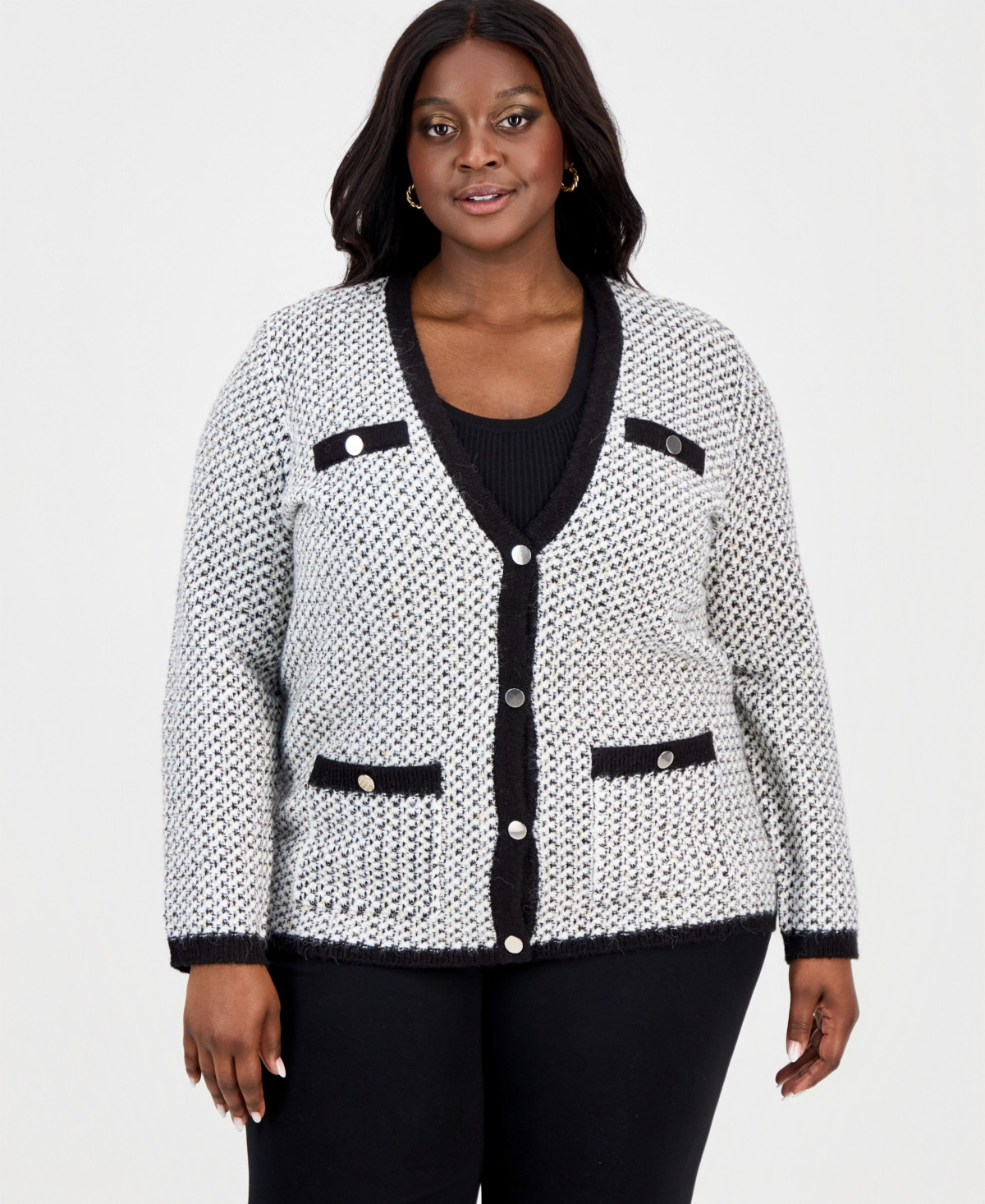 Anne Klein Plus Size Metallic-Threaded Boucle Cardigan - White Dove Multi | Macy's