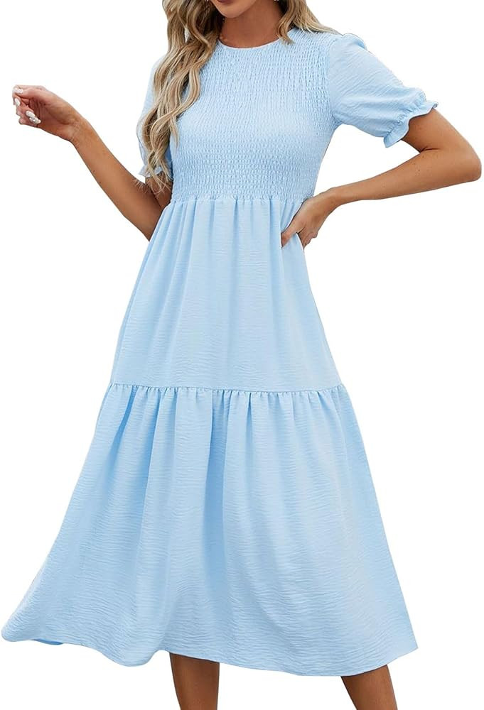 Women Summer Beach Hawaiian Midi Dresses Puff Short Sleeve Ruched High Waist A Linen Tiered Sundr... | Amazon (US)