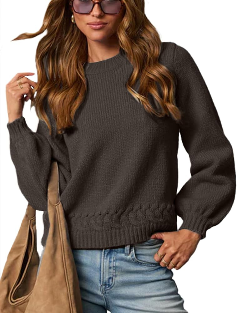 Hoonjie Womens Sweater Casual Solid Crew Neck Long Sleeve Ribbed Cable Knit Sweaters Pullover Top... | Amazon (US)